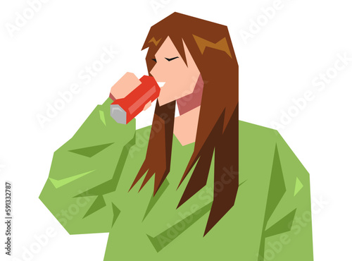 beautiful young girl character is drinking in a can. concept of drink, thirst, soda, cocktail. flat vector illustration.