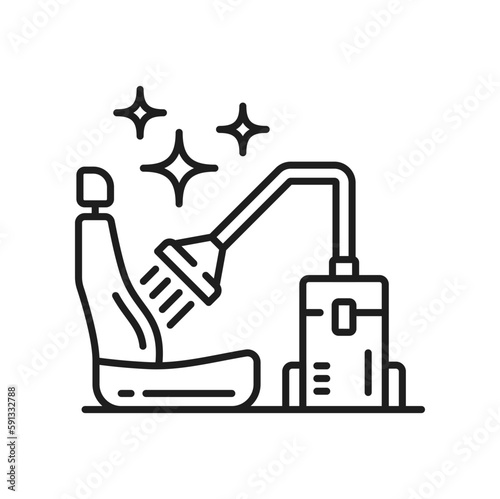 Car seat cleaning or washing service isolated outline icon. Vector vacuum cleaner in automobile, removing dust off upholstery seats in vehicle