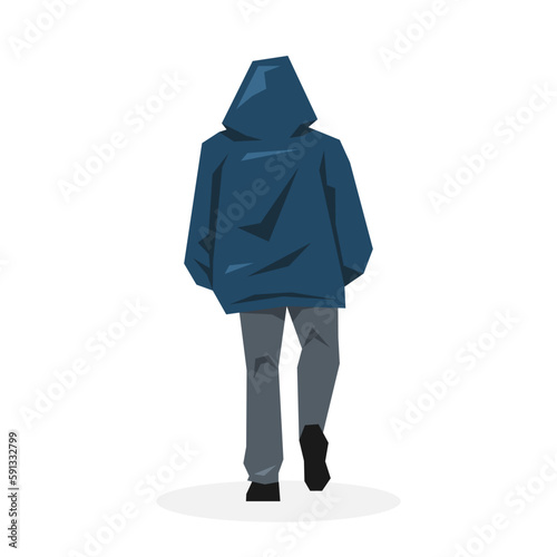 character in hooded jacket walking rear view. isolated on white background. human concept, activity. flat vector illustration.