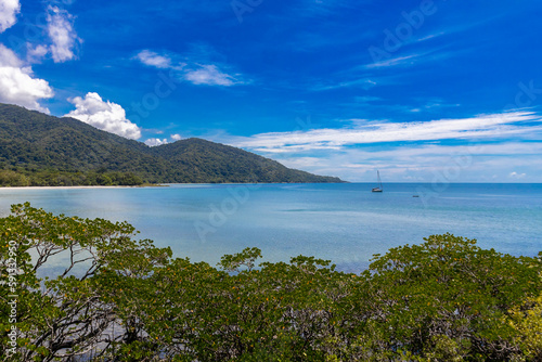 ocean and mountains in Cape Tribulation, Queensland, Australia