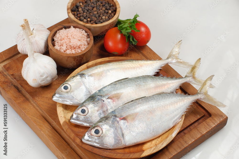Raw fresh  Mackerel fish or ikan kembung and ingredients ,Fresh seafood concept.