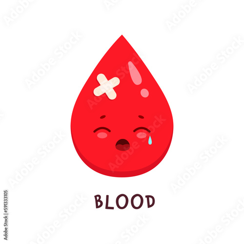 Blood drop sick character, unhealthy vector cartoon personage. Human health medicine, cartoon blood drop with sad face crying with medical patch, blood disease diabetes, hemophilia or leukemia