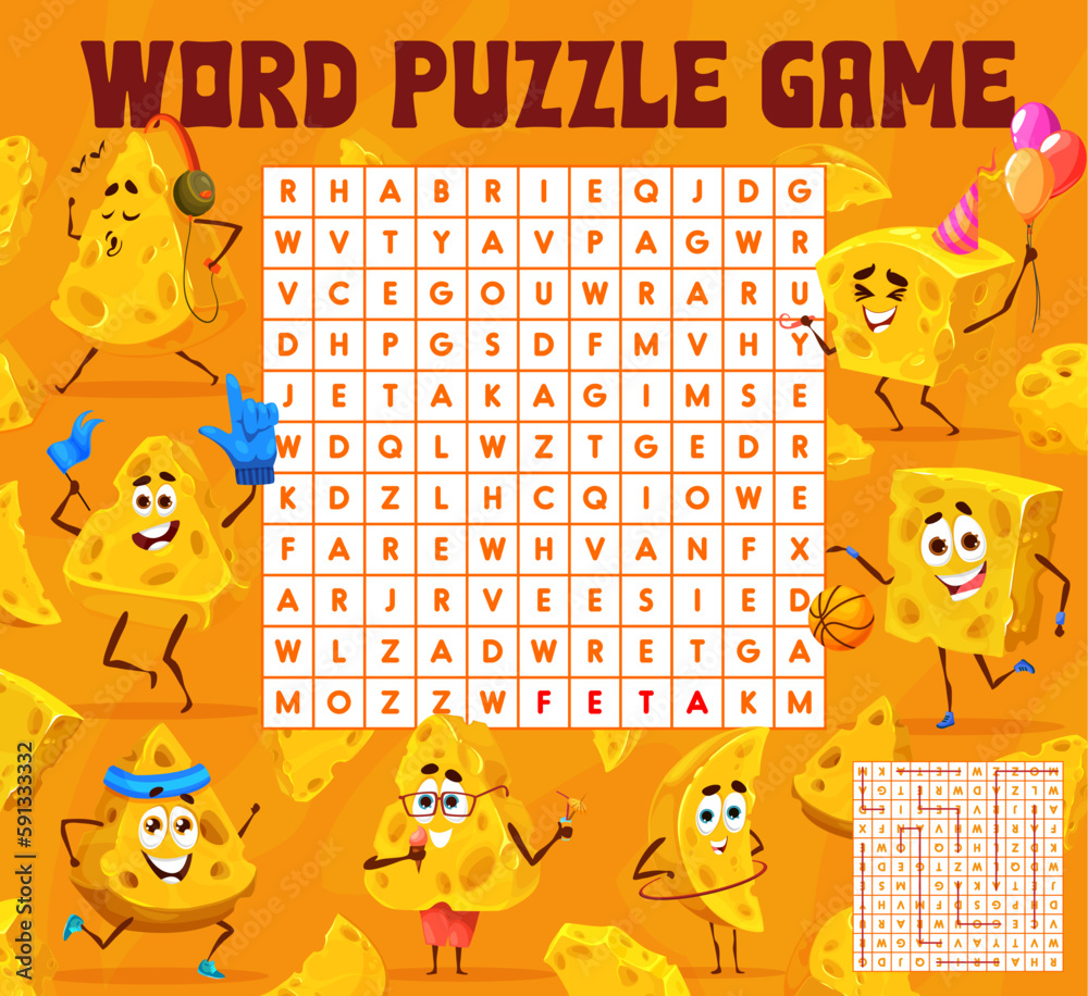 Cartoon maasdam and gouda cheese characters Word search puzzle game