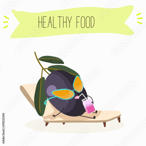 Illustration with funny characters olives. Funny and healthy food. Vitamins, cute face food, ingredients, vegetarian, vector cartoon, agriculture, raw.