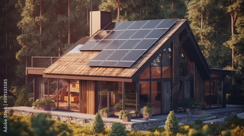 Modern house with solar panels on the roof on a mountain. Created with generative AI. Modern house with solar panels on the roof on a mountain. Created with generative AI.