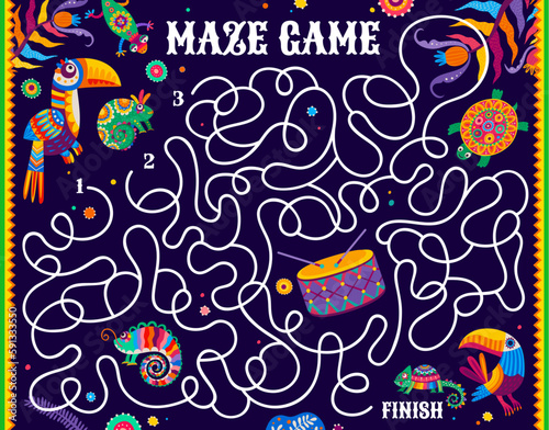 Labyrinth maze, cartoon Mexican, Brazilian animals, vector game worksheet. Tropical toucan bird, gecko or chameleon with turtle and flowers or Brazilian drums on kids labyrinth or escape puzzle quiz