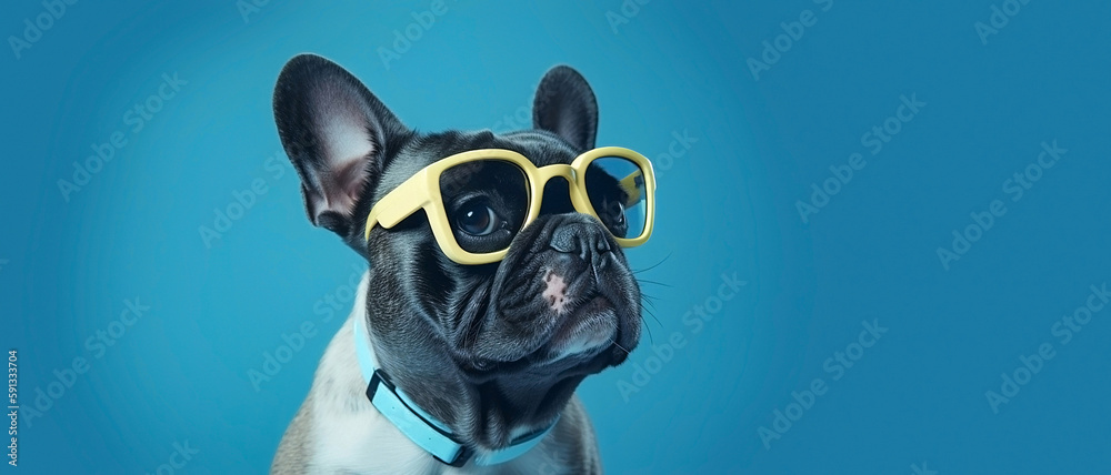 Generative Ai image of a french bulldog wearing reading glasses