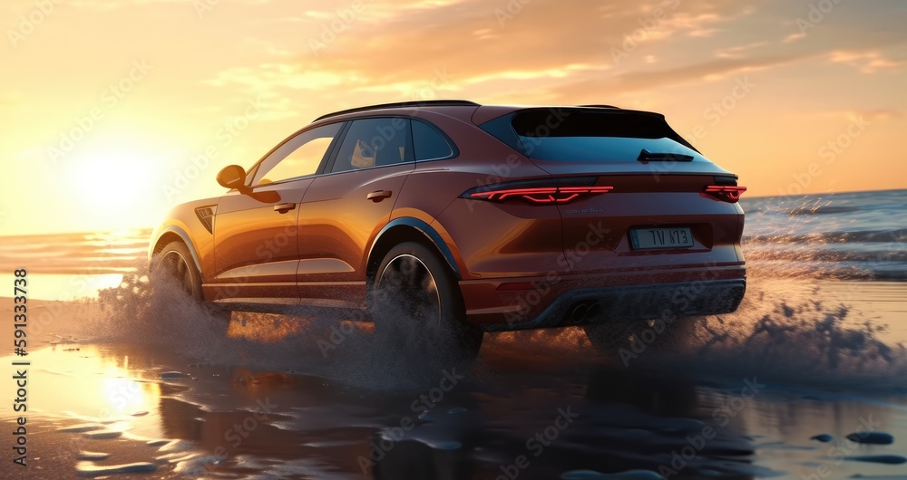 Luxury Car SUV on the beach. Created with generative AI. Luxury Car SUV on the beach. Created with generative AI.