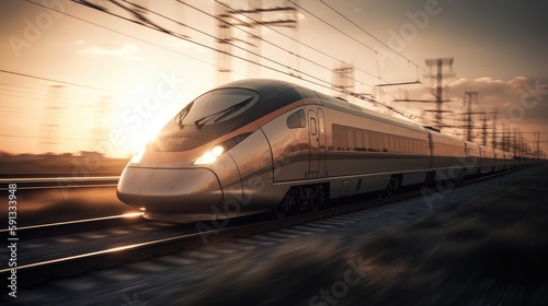 high speed movement of the train in the sunset. Created with generative AI.