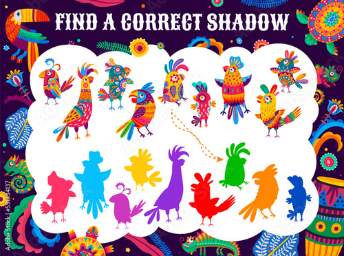Find a correct shadow of cartoon mexican and brazilian parrots worksheet. Kids objects matching playing activity, vector puzzle game or quiz with colorful cartoon jungle birds, ornate parrots shadows