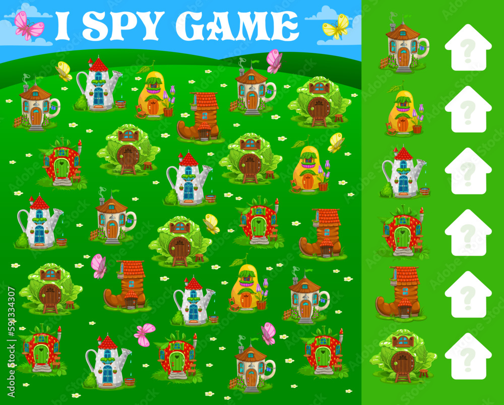 I spy game fairytale magic houses and dwellings. Kids vector math brainteaser riddle with cartoon teacup, watering can, pear and strawberry, boot and cabbage fantasy fairy tale homes on summer meadow I spy game fairytale magic houses and dwellings. Kids vector math brainteaser riddle with cartoon teacup, watering can, pear and strawberry, boot and cabbage fantasy fairy tale homes on summer meadow