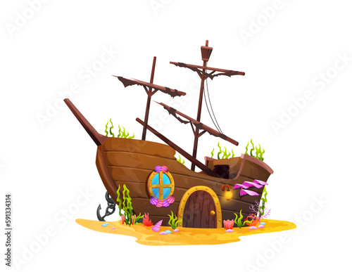 Cartoon sunken ship, underwater house building or pirate sailboat wrecks, vector, undersea home. Ship boat shipwrecks dwelling of aquatic creatures with door and window, sea or ocean sunken frigate