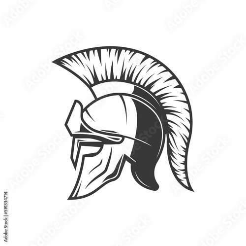 Spartan helmet, warrior gladiator or Roman and Greek soldier shield, vector icon. Trojan centurion armour or Sparta knight and Athena armor mask, Medieval fighter face and head helmet