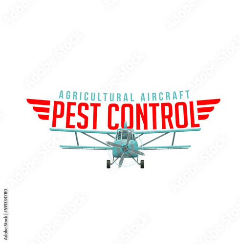 Agriculture pest control. Airplane spraying pesticides and herbicides, vector agricultural aircraft and chemical treatment for crop plants, farm fields and gardens. Pest insect extermination service