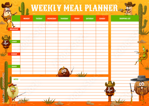 Wild weekly meal planner. West nut sheriff, cowboy and bandit characters. Meal menu calendar vector checklist schedule with western peanut, hazelnut and walnut, pistachio and coffee bean personage