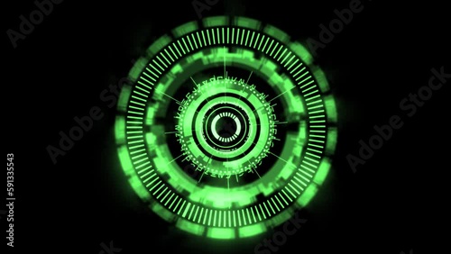 High quality animated HUD gizmo digital eye design with complex rotating elements in green color scheme on a plain black background, great for screen replacement and heads up display elements
