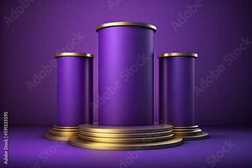 regal purple podium supported by three golden pillars on a vivid purple backdrop. Generative AI