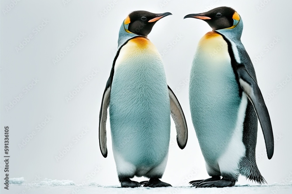 Obraz premium two penguins standing side by side in a snowy landscape. Generative AI
