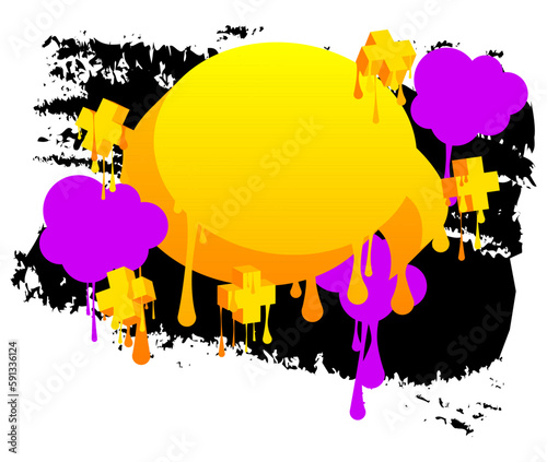 Yellow graffiti speech bubble with purple and black elements. Abstract modern street art design. Discussion  Feedback Message symbol performed in urban painting style.