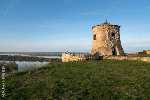 View of the remains of a fortified settlement on the bank of the Kama River - a white stone tower on the Yelabuga (Devil's) settlement on a sunny summer day, Yelabuga, Republic of Tatarstan, Russia