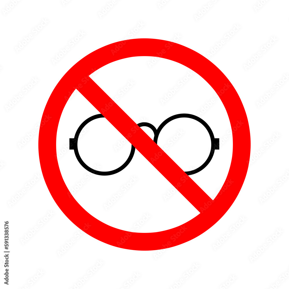 Glasses ban icon. Stop or ban red round sign with glasses icon. Vector illustration. No sunglasses icon..eps Glasses ban icon. Stop or ban red round sign with glasses icon. Vector illustration. No sunglasses icon..eps