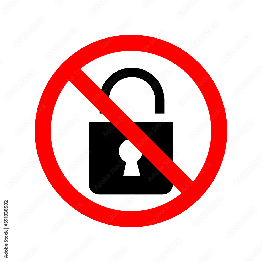 Lock is prohibited. Stop or ban red round sign with padlock icon. No lock icon Vector illustration..eps Lock is prohibited. Stop or ban red round sign with padlock icon. No lock icon Vector illustration..eps