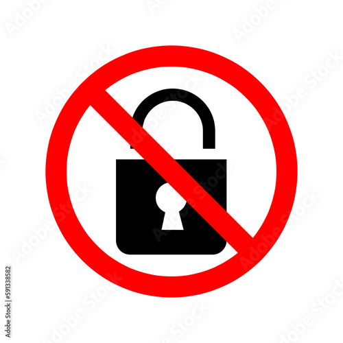 Lock is prohibited. Stop or ban red round sign with padlock icon. No lock icon Vector illustration..eps