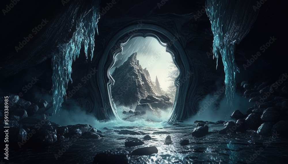 underworld river portal, digital art illustration, Generative AI