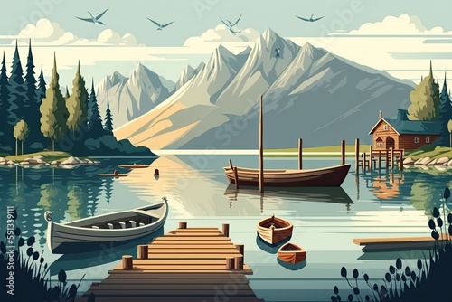 serene lake surrounded by majestic mountains with boats floating on the water. Generative AI
