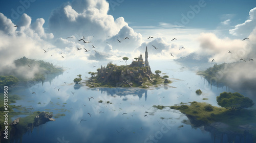 A sky full of floating islands: Imagine a world where islands float in the sky like clouds. a landscape featuring a vast expanse of floating islands, each with its own unique ecosystem and inhabitants