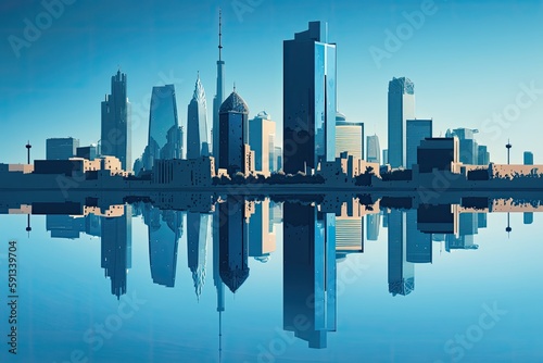 city skyline with reflection in water. Generative AI © 2rogan