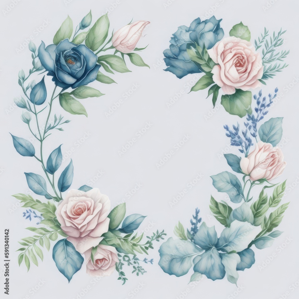 clipart of beautiful wreath bouquet of light pink roses flowers with leaves in watercolor artstyle. Generative AI