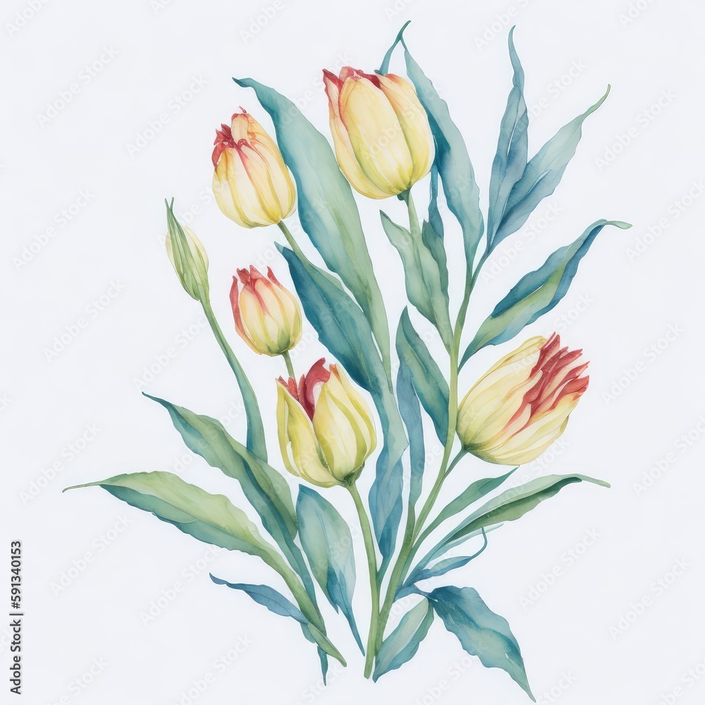 Obraz premium clipart of beautiful yellow tulip flowers with leaves in watercolor artstyle. Generative AI