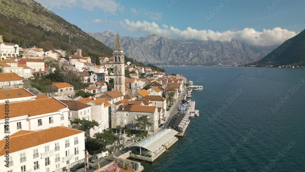 Perast Old Town on Bay of Kotor. Mountains in Background. Fixed Aerial View Perast Old Town on Bay of Kotor. Mountains in Background. Fixed Aerial View