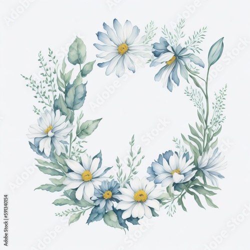 clipart of beautiful wreath bouquet of white daisy flowers with leaves in watercolor artstyle. Generative AI © SayLi