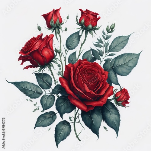 clipart of beautiful dark red roses flowers with leaves in watercolor artstyle. Generative AI photo