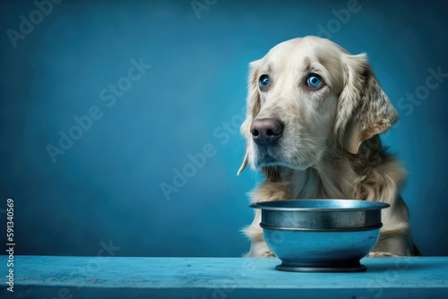 happy golden retriever enjoying its meal from a bowl. Generative AI