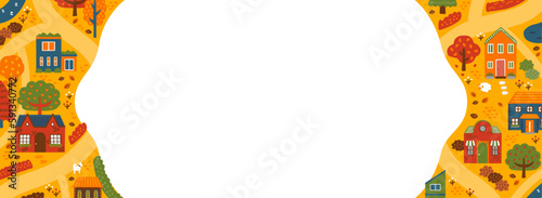 秋の街並み（俯瞰）のフレーム・背景素材（バナー向け横長）