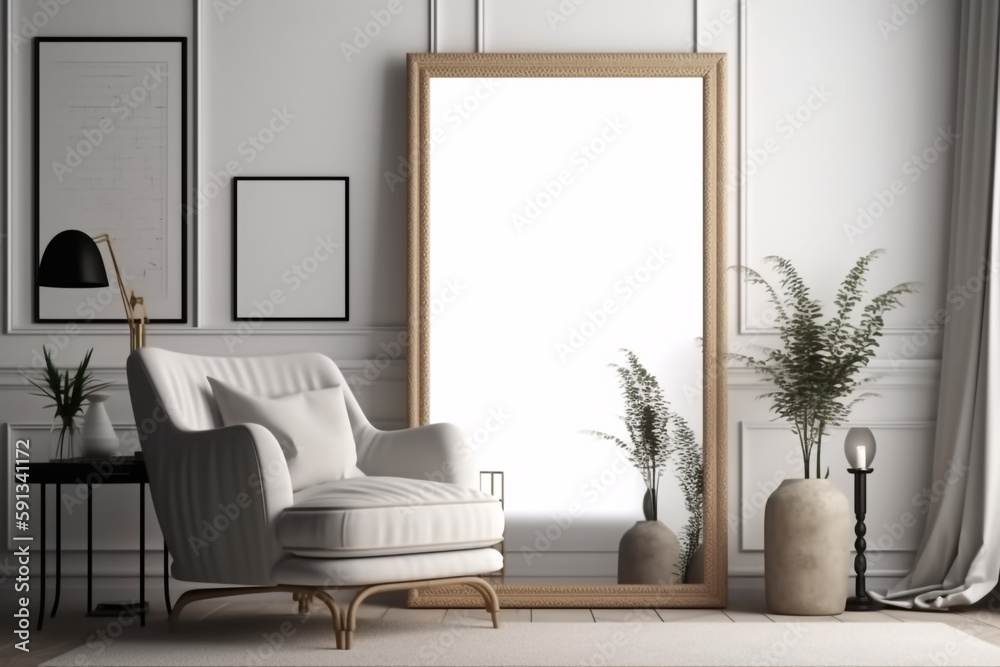 Blank picture frame mockup on white wall in modern style living room, Generative AI Blank picture frame mockup on white wall in modern style living room, Generative AI