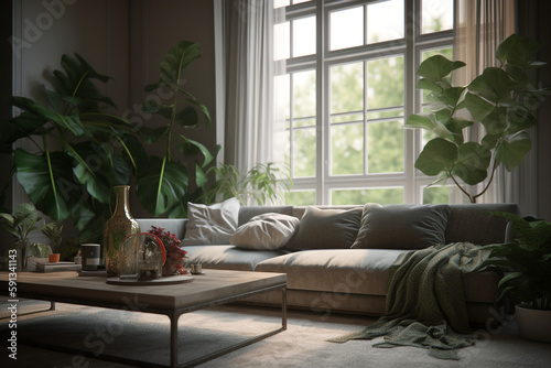 comfortable living room with sofa and indoor plant, Generative AI 