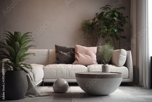 living room interior with sofa and potted plant  Generative AI 