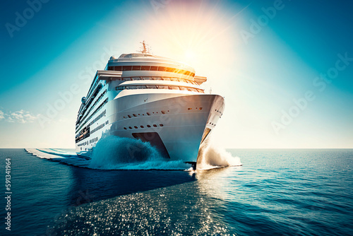 A cruise ship sailing in the middle of the sea in broad sunlight on a sunny day, generative AI.