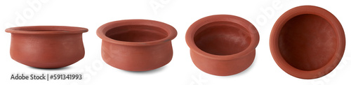 Fotografie set of empty clay pots isolated, earthenware containers used to store, cook food