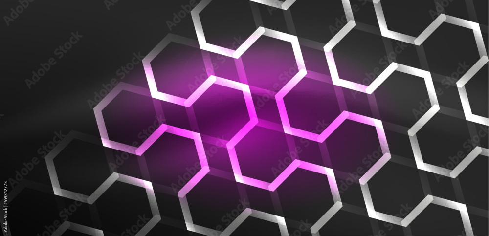 Hexagon abstract background. Techno glowing neon hexagon shapes vector illustration for wallpaper, banner, background, landing page, wall art, invitation, prints, posters Hexagon abstract background. Techno glowing neon hexagon shapes vector illustration for wallpaper, banner, background, landing page, wall art, invitation, prints, posters