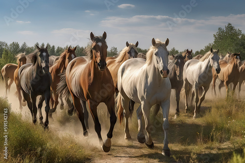 horses running in a herd in nature.