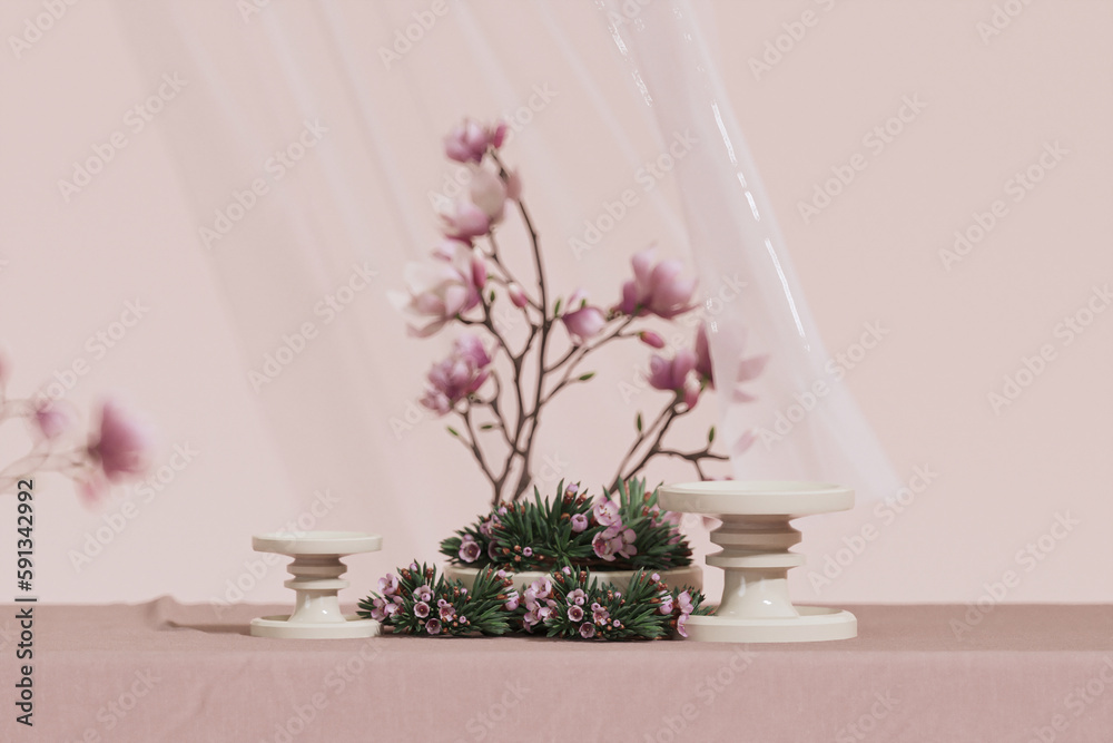 Fototapeta premium 3D background, pink podium display. Sakura pink flower falling. Cosmetic or beauty product promotion step floral, pastel pedestal. Abstract minimal advertise. 3D render copy space spring mockup.