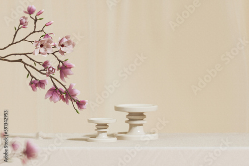 3D background, beige podium display. Sakura pink flower tree branch. Cosmetic or beauty product promotion step floral pedestal. Abstract minimal advertise. 3D render copy space spring mockup.