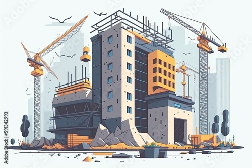 construction site with multiple cranes and a building in progress. Generative AI
