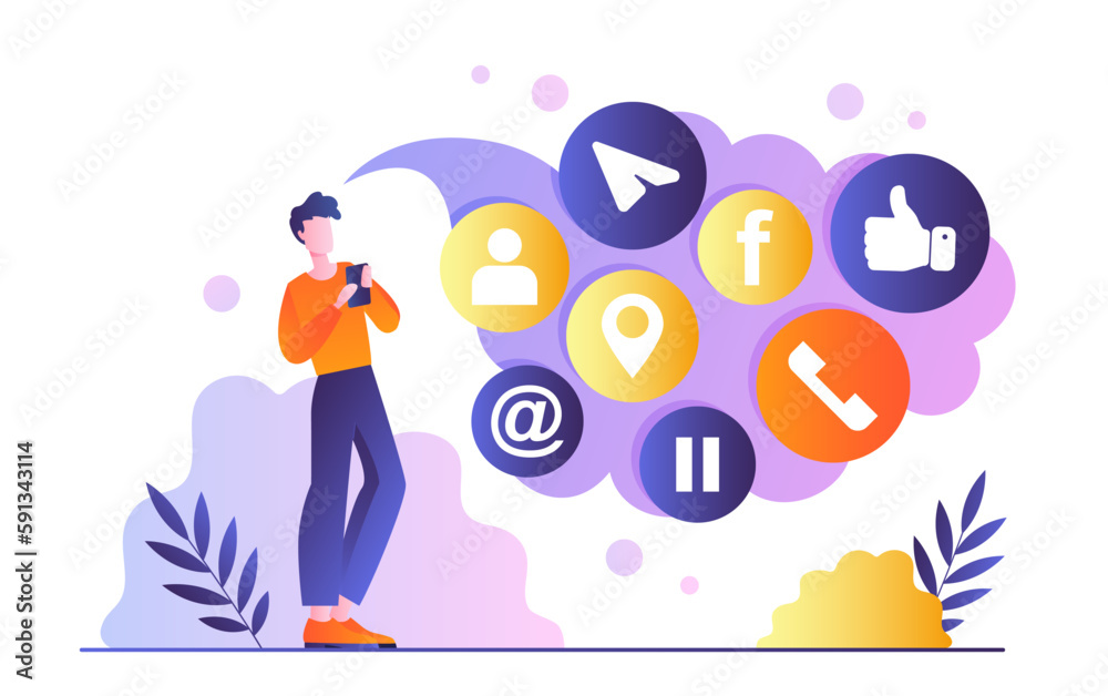 Social network concept. Man with smartphone communicates with friends and consumes interesting content in app. Entertainment on Internet and chat in messenger. Cartoon flat vector illustration Social network concept. Man with smartphone communicates with friends and consumes interesting content in app. Entertainment on Internet and chat in messenger. Cartoon flat vector illustration