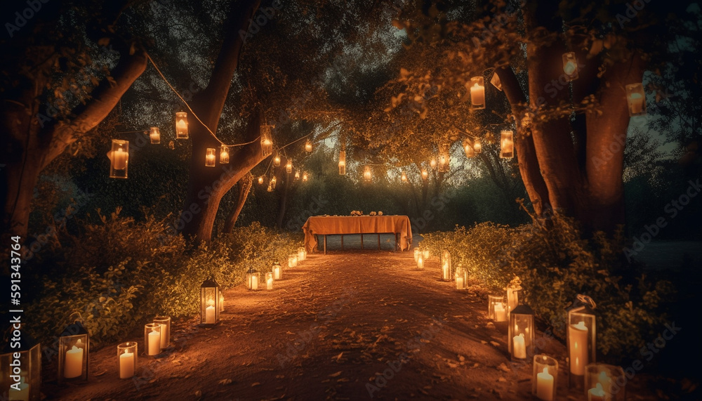 Glowing lantern illuminates spooky autumn forest scene generated by AI